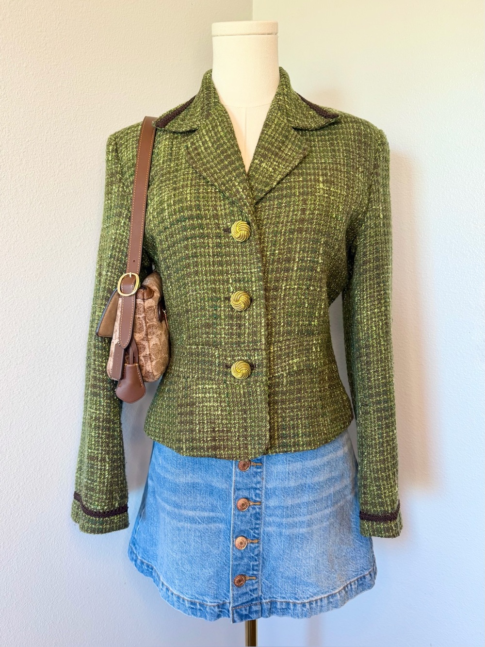Vintage Green Tweed Women's Jacket Classic Tailored Blazer - Size 8